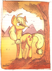 Size: 530x717 | Tagged: safe, artist:koshi-doshi, applejack, earth pony, pony, g4, female, hair over one eye, hatless, lined paper, missing accessory, solo, traditional art, tree
