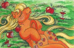 Size: 508x330 | Tagged: safe, artist:kiss-the-thunder, applejack (g1), pony, g1, apple, both cutie marks, female, food, on back, solo, traditional art, underhoof