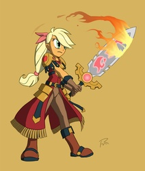 Size: 1146x1350 | Tagged: safe, artist:didj, applejack, human, my little mages, g4, enchanted weapon, fantasy class, female, flaming sword, humanized, knight, orange background, orange skin, paladin, pony coloring, simple background, solo, sword, warrior, weapon