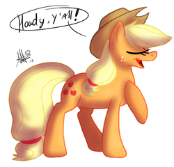 Size: 707x678 | Tagged: safe, artist:thepipefox, applejack, earth pony, pony, g4, eyes closed, female, raised hoof, simple background, solo
