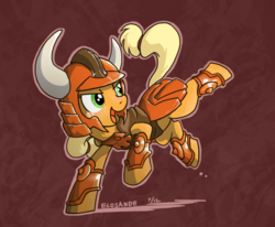 Size: 1000x823 | Tagged: safe, artist:elosande, applejack, earth pony, pony, g4, armor, crossover, female, kicking, ronin warriors, solo