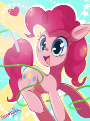 Size: 620x837 | Tagged: safe, artist:ipun, pinkie pie, earth pony, pony, g4, cute, diapinkes, female, heart, open mouth, ribbon, solo, stars