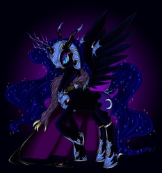 Size: 800x860 | Tagged: safe, artist:longinius, nightmare moon, alicorn, pony, g4, armor, black background, cape, clothed ponies, clothes, coat, ethereal mane, feather boa, female, helmet, hoof shoes, mare, simple background, solo, starry mane
