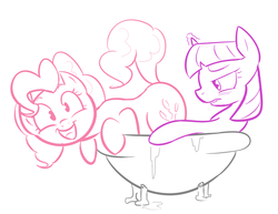 Size: 857x660 | Tagged: safe, artist:shoutingisfun, pinkie pie, twilight sparkle, earth pony, pony, bath, blushing, dat ass, eyes on the prize, female, lesbian, lip bite, looking at butt, mare, raised tail, shipping, tail, the ass was fat, twinkie