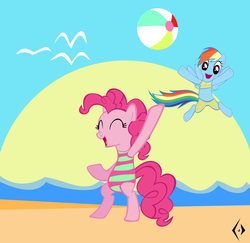 Size: 3955x3840 | Tagged: safe, artist:psychedelicskooma, pinkie pie, rainbow dash, g4, beach, beach ball, bikini, clothes, cute, female, high res, one-piece swimsuit, swimsuit