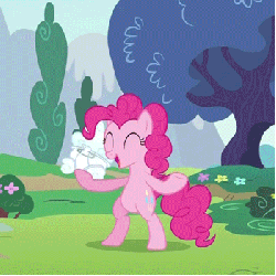 Size: 350x350 | Tagged: safe, screencap, pinkie pie, earth pony, pony, baby cakes, g4, season 2, animated, cloud, cropped, diaper, female, gif, grass, grass field, juggling, mare, outdoors, tree