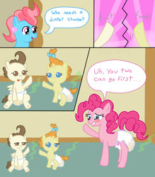 Size: 700x800 | Tagged: safe, artist:hydroftt, pinkie pie, pound cake, pumpkin cake, earth pony, pony, baby cakes, g4, adult foal, baby, cake twins, comic, diaper, diaper change, diaper usage, diapered, embarrassed, female, mare, messing, messy diaper, non-baby in diaper, poop, pooping, poopy diaper, scat, urine, used diaper, using diaper, visible stench