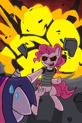 Size: 682x1024 | Tagged: safe, artist:chaos-flare44, pinkie pie, twilight sparkle, g4, explosion, timesplitters