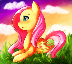 Size: 990x880 | Tagged: safe, artist:nayobe, fluttershy, pegasus, pony, g4, cloud, colored pupils, cute, female, looking away, mare, open mouth, outdoors, profile, prone, shyabetes, signature, solo, wings