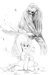 Size: 1000x1500 | Tagged: safe, artist:sunibee, fluttershy, butterfly, human, pegasus, pony, g4, black and white, crossover, female, friday the 13th, grayscale, imminent death, imminent decapitation, impending doom, jason voorhees, looking at you, machete, mare, monochrome, sitting, this will end in death