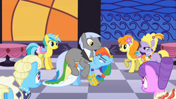 Size: 1280x720 | Tagged: safe, screencap, caesar, carrot top, count caesar, eclair créme, golden harvest, jangles, lemony gem, lyrica lilac, north star, rainbow dash, earth pony, pegasus, pony, unicorn, g4, the best night ever, butt, clothes, dress, female, grand galloping gala, male, mare, out of context, plot, smiling, stallion