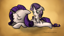 Size: 726x413 | Tagged: safe, artist:fongsaunder, rarity, sweetie belle, pony, unicorn, g4, duo, duo female, eyes closed, female, filly, floppy ears, mare, sisters, tired