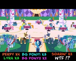 Size: 1280x1024 | Tagged: safe, edit, edited screencap, screencap, affero, blaze, blue moon (g4), caesar, chocolate sun, cloud kicker, count caesar, derpy hooves, fire streak, fleetfoot, high winds, lemon hearts, lightning bolt, lightning streak, lyra heartstrings, lyrica lilac, minuette, misty fly, reflective rock, royal ribbon, sealed scroll, silver lining, silver zoom, soarin', strawberry lime, surprise (g4), twinkleshine, white lightning, pegasus, pony, unicorn, g4, the best night ever, animation error, background pony, background pony audience, circled, clone, derpies, ei, female, grand galloping gala, hub logo, hubble, lyravasion, male, mare, mouth hold, multeity, no tail, ponibooru, stallion, that pony sure does love pies, the hub, unstoppable force of derp, wonderbolts