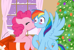 Size: 900x604 | Tagged: safe, artist:bux, pinkie pie, rainbow dash, earth pony, pegasus, pony, g4, cheek kiss, christmas, christmas tree, duo, female, kissing, lesbian, mare, present, ship:pinkiedash, shipping, surprise kiss, surprised, tree, wingboner