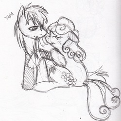 Size: 2088x2096 | Tagged: dead source, safe, artist:enigmaticfrustration, daisy, flower wishes, goldengrape, sir colton vines iii, earth pony, pony, g4, bandage, crying, daisygrape, female, high res, injured, male, mare, monochrome, shipping, sketch, stallion, straight
