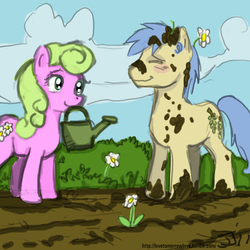 Size: 1280x1280 | Tagged: safe, artist:johnjoseco, daisy, flower wishes, goldengrape, sir colton vines iii, earth pony, pony, g4, daisygrape, female, garden, male, mare, shipping, stallion, straight