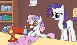 Size: 2913x1693 | Tagged: safe, artist:misstickles, rarity, sweetie belle, pony, unicorn, g4, duo, duo female, female, filly, glasses, mare, open mouth, sewing, sisters