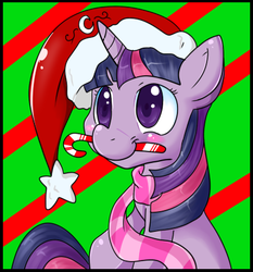 Size: 422x452 | Tagged: safe, artist:lustrous-dreams, twilight sparkle, pony, g4, candy cane, christmas, clothes, female, hat, mare, santa hat, scarf, smiling, solo, striped scarf