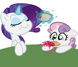 Size: 808x700 | Tagged: safe, artist:tess, rarity, sweetie belle, pony, unicorn, g4, donut, duo, duo female, eating, female, food, glowing horn, horn, jelly, jelly doughnut, magic, messy eating, simple background, sisters, sweetie fail, telekinesis, transparent background
