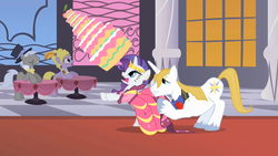 Size: 1280x720 | Tagged: safe, screencap, caesar, count caesar, lyrica lilac, prince blueblood, rarity, earth pony, pony, unicorn, g4, the best night ever, arrogant, cake, clothes, dress, female, food, gala dress, hat, incoming, looking up, male, mare, monocle and top hat, not cool, rearing, selfish, shield, sin of pride, stallion, startled, unshorn fetlocks