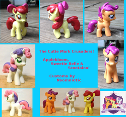 Size: 768x713 | Tagged: safe, artist:nsomniotic, apple bloom, scootaloo, sweetie belle, earth pony, pony, g4, brushable, customized toy, cutie mark crusaders, irl, photo, toy