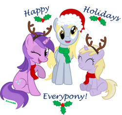 Size: 6380x6060 | Tagged: safe, artist:axemgr, amethyst star, derpy hooves, dinky hooves, sparkler, pegasus, pony, g4, absurd resolution, antlers, christmas, clothes, equestria's best daughter, equestria's best family, female, hat, holiday, mare, santa hat, scarf, simple background, sisterly sparkler, transparent background