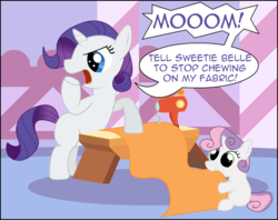 Size: 1319x1045 | Tagged: safe, artist:erthilo, rarity, sweetie belle, g4, filly, foal, sewing, sisters, younger