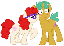 Size: 786x572 | Tagged: safe, artist:bux, snails, twist, earth pony, pony, unicorn, g4, female, glasses, kissing, male, ship:snailstwist, shipping, simple background, straight, transparent background