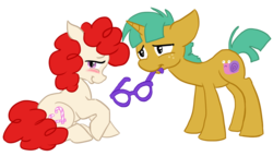 Size: 1000x573 | Tagged: safe, artist:bux, snails, twist, earth pony, pony, unicorn, g4, female, glasses, male, ship:snailstwist, shipping, simple background, straight, transparent background