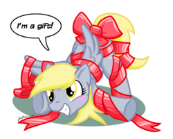 Size: 1024x819 | Tagged: safe, artist:furboz, derpy hooves, pegasus, pony, g4, bow, dialogue, female, mare, present, ribbon, simple background, solo, transparent background