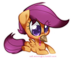 Size: 500x411 | Tagged: safe, artist:kilo, scootaloo, pegasus, pony, g4, female, food, ice cream, ice cream cone, simple background, solo, transparent background