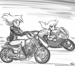 Size: 800x711 | Tagged: safe, artist:johnjoseco, derpy hooves, rainbow dash, human, g4, female, grayscale, humanized, monochrome, motorcycle