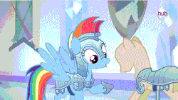 Size: 635x355 | Tagged: safe, screencap, rainbow dash, pegasus, pony, g4, season 3, the crystal empire, armor, crystal guard armor, female, gif, hub logo, jousting, mannequin, non-animated gif, the ballad of the crystal empire