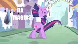 Size: 1277x718 | Tagged: safe, edit, edited screencap, screencap, twilight sparkle, pony, g4, season 3, the crystal empire, eyes closed, female, hub logo, mane flip, solo, the failure song