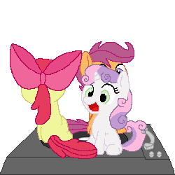 Size: 255x255 | Tagged: safe, artist:tomdantherock, apple bloom, scootaloo, sweetie belle, earth pony, pegasus, pony, unicorn, g4, adorabloom, animated, cute, cutealoo, cutie mark crusaders, diasweetes, female, filly, record player, simple background, song in the comments, spinning, transparent background, turntable, turntable pony