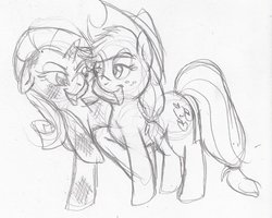 Size: 900x719 | Tagged: safe, artist:enigmaticfrustration, applejack, rarity, earth pony, pony, unicorn, g4, female, lesbian, monochrome, ship:rarijack, shipping, sketch