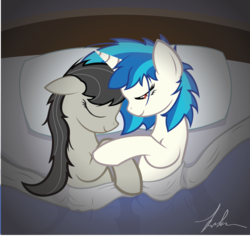 Size: 1151x1096 | Tagged: safe, artist:wreky, dj pon-3, octavia melody, vinyl scratch, earth pony, pony, unicorn, g4, bed, bed mane, cuddling, duo, female, in bed, lesbian, ship:scratchtavia, shipping, sleeping, sleeping together