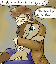 Size: 459x525 | Tagged: safe, artist:jitterbugjive, doctor whooves, time turner, human, pony, g4, blazer, clothes, crossover, crying, david tennant, doctor who, duo, hug, human ponidox, i don't want to go, overcoat, pants, sad, tenth doctor, the doctor, timelord ponidox