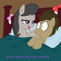 Size: 1000x1000 | Tagged: safe, artist:madmax, artist:strongcreeper, doctor whooves, octavia melody, time turner, earth pony, pony, aftersex ponies, bed, bowtie, doctavia, female, german, implied sex, male, mare, morning after, pillow, shipping, stallion, straight, surprised, wide eyes