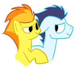 Size: 513x443 | Tagged: safe, artist:tggeko, soarin', spitfire, g4, ear bite, female, horses doing horse things, male, ship:soarinfire, shipping, simple background, straight, transparent background