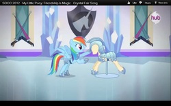 Size: 1280x800 | Tagged: safe, screencap, rainbow dash, pony, g4, season 3, the crystal empire, animation error, armor, bipedal, bipedal leaning, crystal guard armor, female, hub logo, jousting, leaning, letterboxing, mannequin, no ears, san diego comic con, sdcc 2012, solo, the ballad of the crystal empire, youtube