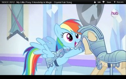 Size: 1280x800 | Tagged: safe, screencap, rainbow dash, pony, g4, season 3, the crystal empire, armor, bipedal, crystal guard armor, female, hub logo, jousting, letterboxing, mannequin, san diego comic con, sdcc 2012, solo, the ballad of the crystal empire, youtube