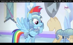 Size: 1280x800 | Tagged: safe, screencap, rainbow dash, pony, g4, season 3, the crystal empire, armor, crystal guard armor, female, hub logo, jousting, letterboxing, mannequin, san diego comic con, sdcc 2012, solo, the ballad of the crystal empire, youtube