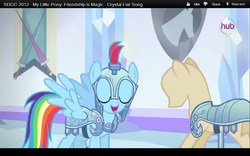 Size: 1280x800 | Tagged: safe, screencap, rainbow dash, g4, season 3, the crystal empire, armor, crystal guard armor, female, hub logo, jousting, letterboxing, mannequin, san diego comic con, sdcc 2012, the ballad of the crystal empire, youtube