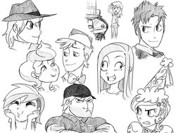 Size: 1600x1200 | Tagged: safe, artist:thelivingmachine02, applejack, braeburn, carrot cake, crafty crate, cup cake, derpy hooves, doctor whooves, pinkie pie, rainbow dash, time turner, human, g4, dashface, david tennant, doctor who, female, humanized, monochrome, pinkamena diane pie, simple background, tardis, tenth doctor, white background