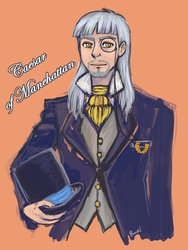 Size: 600x799 | Tagged: safe, artist:beh-bear, caesar, count caesar, human, g4, ascot, beard, clothes, coat, facial hair, hat, humanized, long hair, male, man, monocle, monocle and top hat, orange background, simple background, solo, top hat
