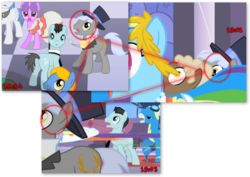 Size: 816x579 | Tagged: safe, edit, edited screencap, screencap, bruce mane, caesar, count caesar, north star, orion, perfect pace, rainbow dash, sealed scroll, shooting star (character), soarin', earth pony, pegasus, pony, g4, the best night ever, female, hat, male, mare, monocle and top hat, stallion, teleportation, the master