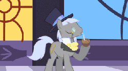 Size: 325x183 | Tagged: safe, screencap, caesar, count caesar, rainbow dash, earth pony, pegasus, pony, season 1, the best night ever, animated, clothes, dress, drinking, drinking straw, duo, female, gala dress, hat, headbutt, male, mare, stallion, tackle, top hat