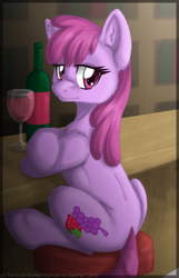 Size: 1288x2000 | Tagged: safe, artist:inuhoshi-to-darkpen, berry punch, berryshine, earth pony, pony, g4, female, glass, looking at you, mare, sitting, solo, wine bottle