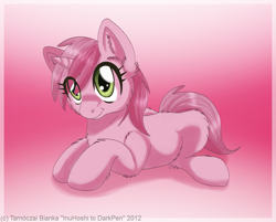 Size: 1373x1103 | Tagged: safe, artist:inuhoshi-to-darkpen, ruby pinch, pony, unicorn, g4, fluffy, gradient background, lying down, prone, solo